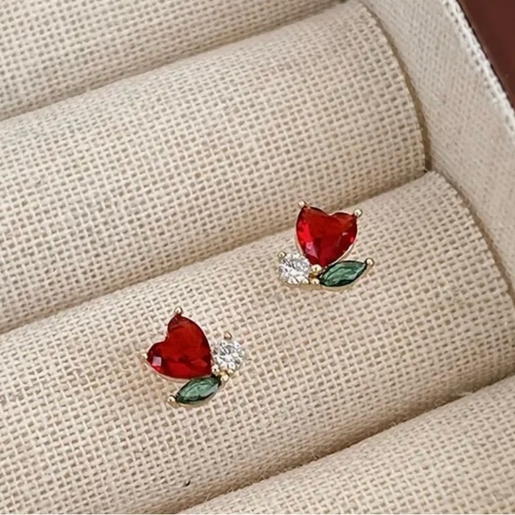 Red Rose Hearts Rhinestone Earrings Valentine’s Day - Picture 2 of 6